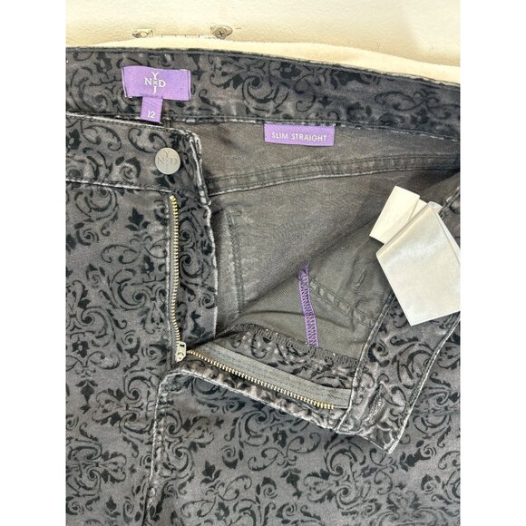 NYDJ Pants Womens 12 Black Velvet Flocked‎ Slim Straight USA - Picture 3 of 9